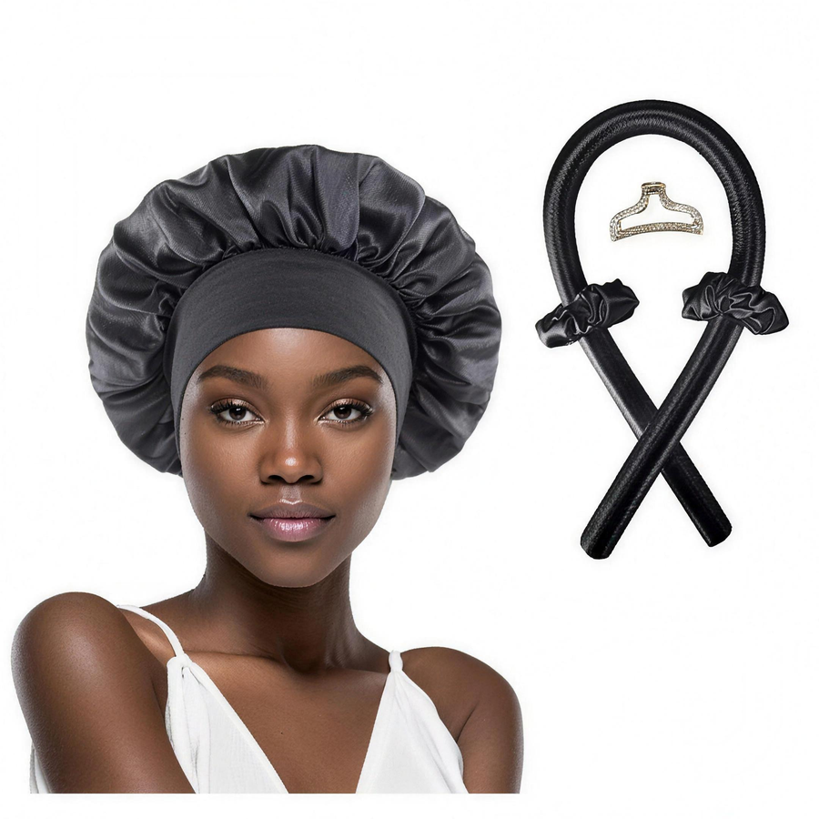 Bonnet en satin NORVEK noir porté, avec le bigoudi sans chaleur noir