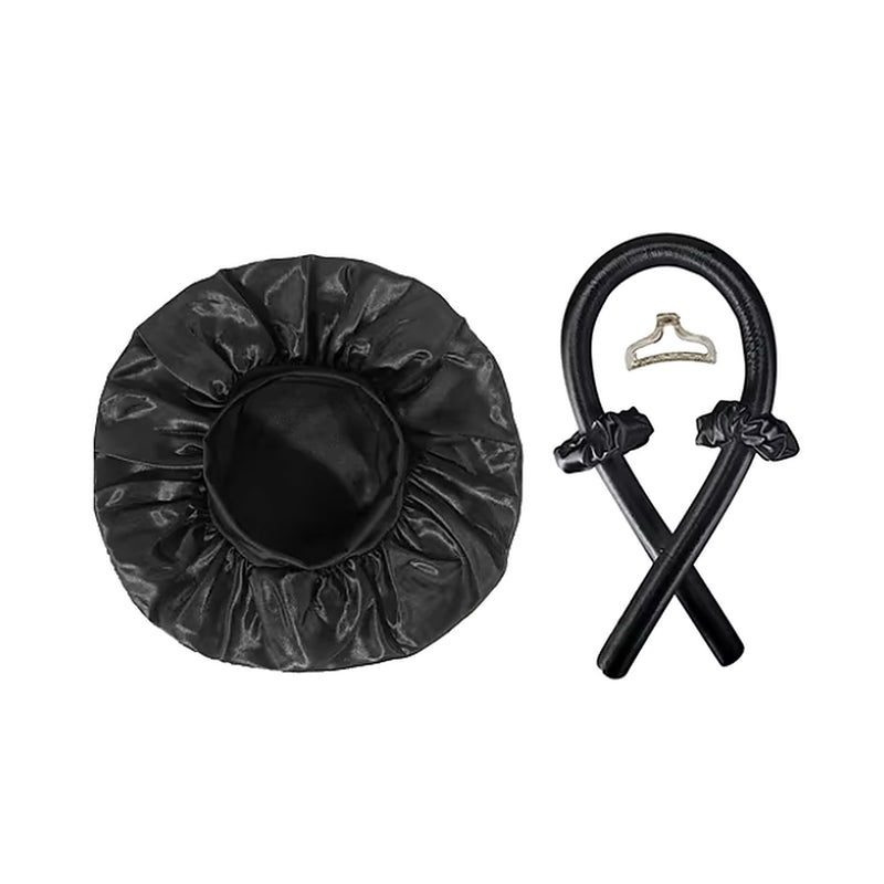 Kit boucles sans chaleur NORVEK noir : bonnet de nuit et bigoudi en satin