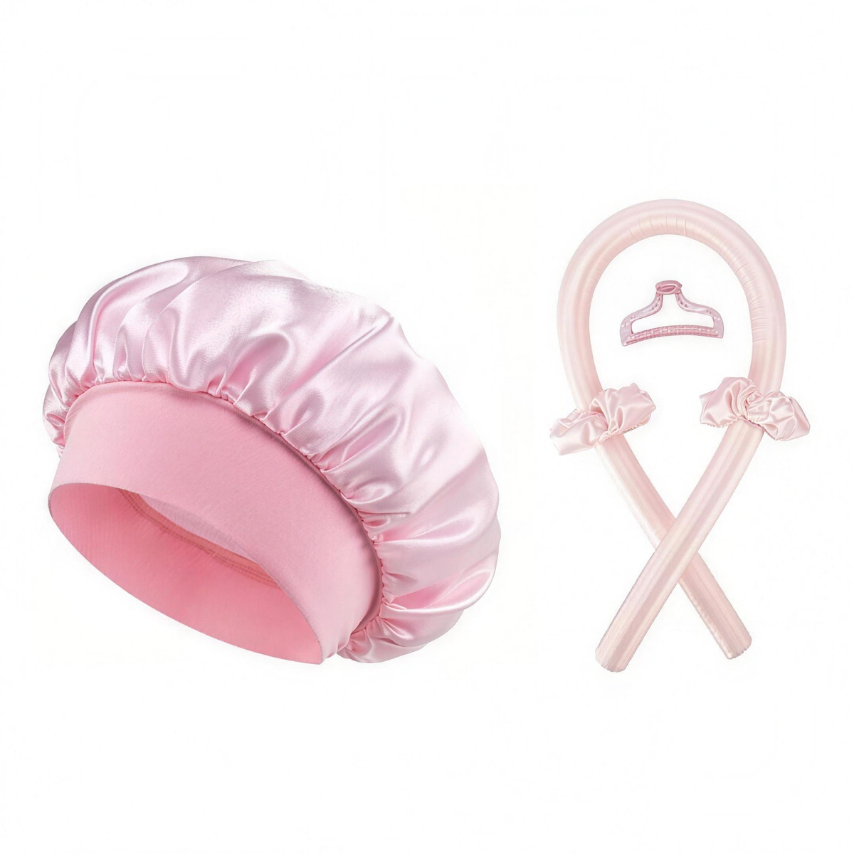 Kit boucles sans chaleur NORVEK rose : bonnet de nuit et bigoudi en satin