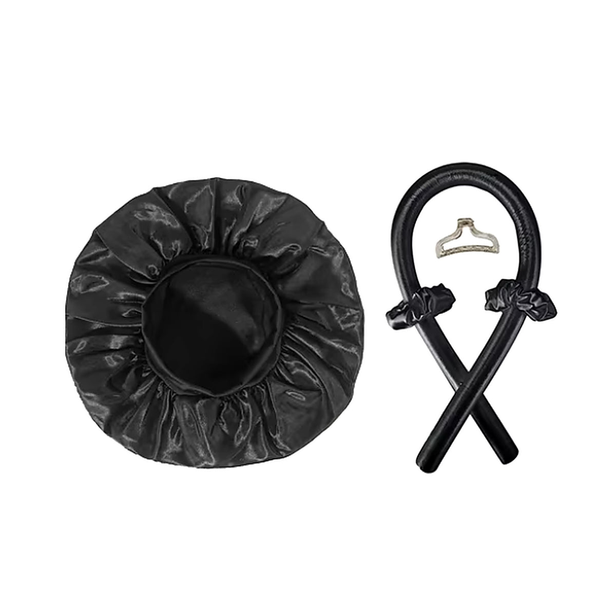 Kit boucles sans chaleur NORVEK noir : bonnet de nuit et bigoudi en satin