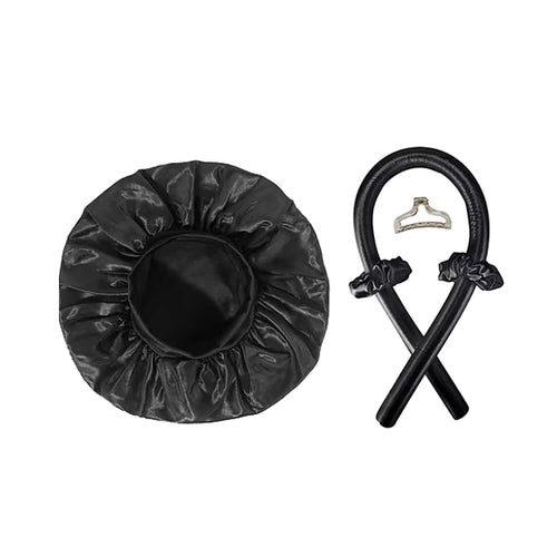 Kit boucles sans chaleur NORVEK noir : bonnet de nuit et bigoudi en satin